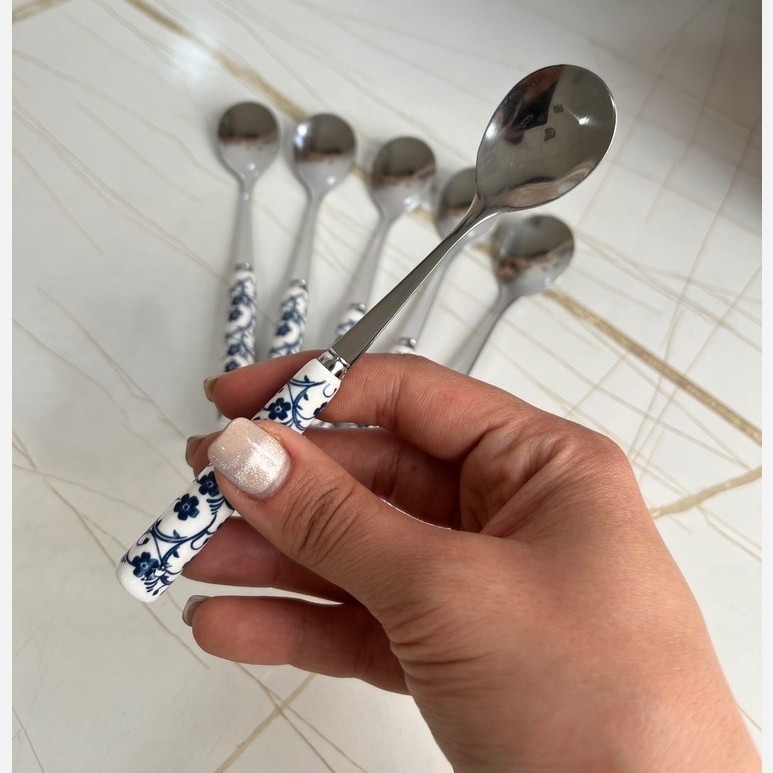 قاشق چای خوری 6عددی دسته سرامیکی گل آبی
