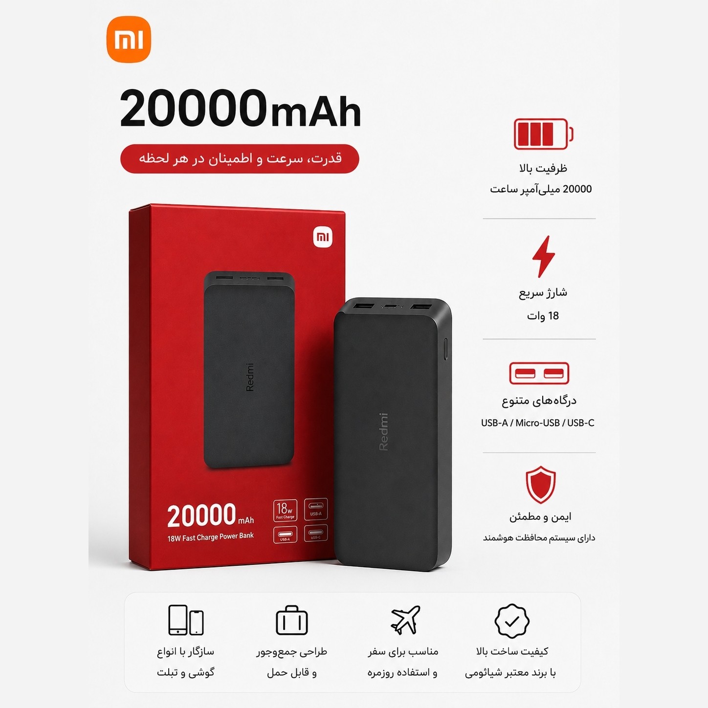 پاور بانک شیائومی مدل Redmi PB200LZMظرفیت20000 میلی آمپر