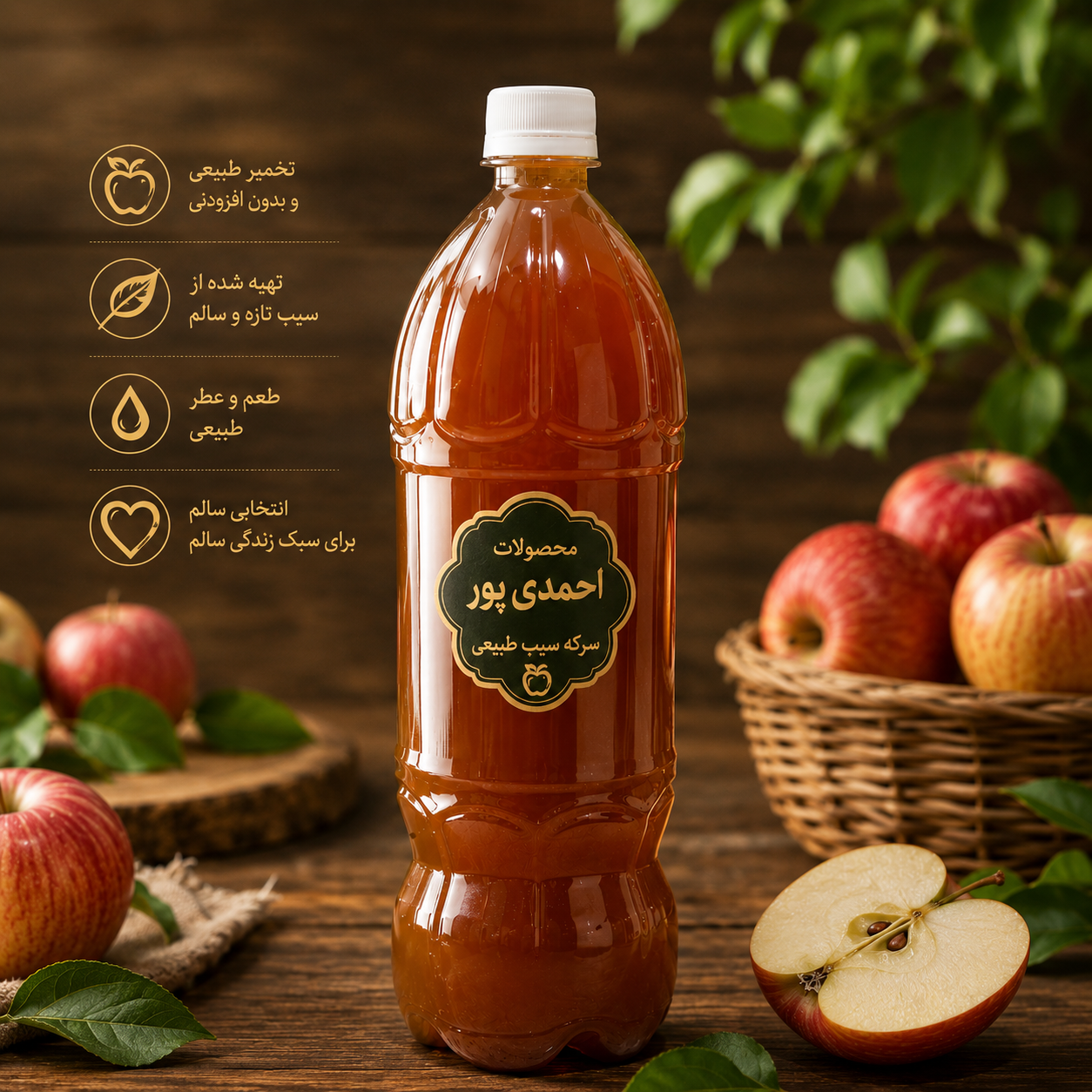 سرکه تخمیری سیب طبیعی تهیه شده از سیب تازه