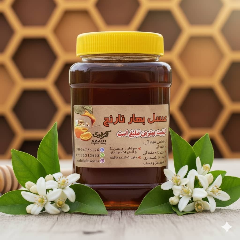 عسل بهارنارنج طبیعی تک گل خوش طعم عطر مستقیم از زنبوردار یک کیلوگرم برداشت 1405((پلمپ شده و بهداشتی))