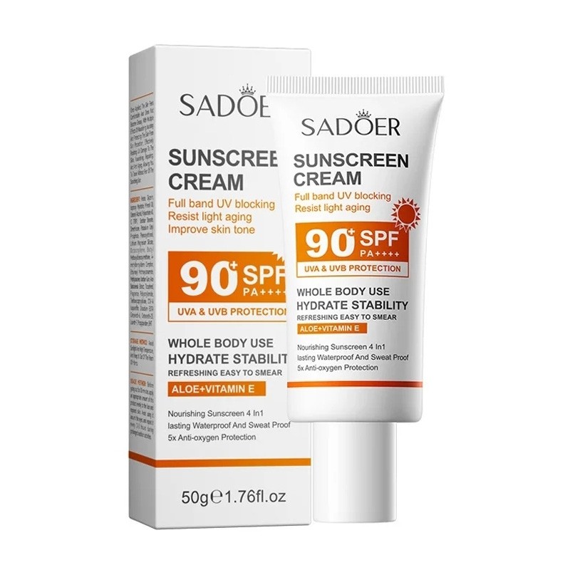 کرم ضد آفتاب بدون رنگ صورت و بدن سادور SPF 90 مدل آلوئه ورا و ویتامین E محافظ UVA ،UVB و PA مناسب برای انواع پوست