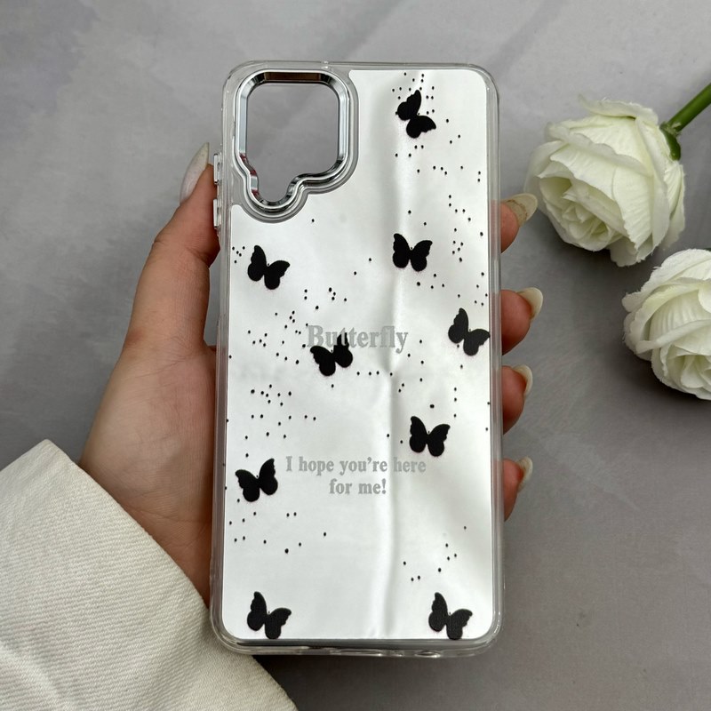 قاب گوشی Galaxy A12 - M12 سامسونگ اورجینال فانتزی سخت آینه ای لنز کرومی ایربگ دار طرح پروانه کیوت کد 121950